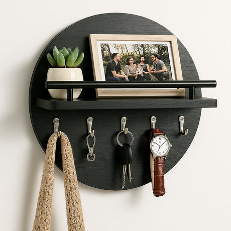 Round Wall Key Holder  Dark Wood Grain with Display Shelf - Product showcase
