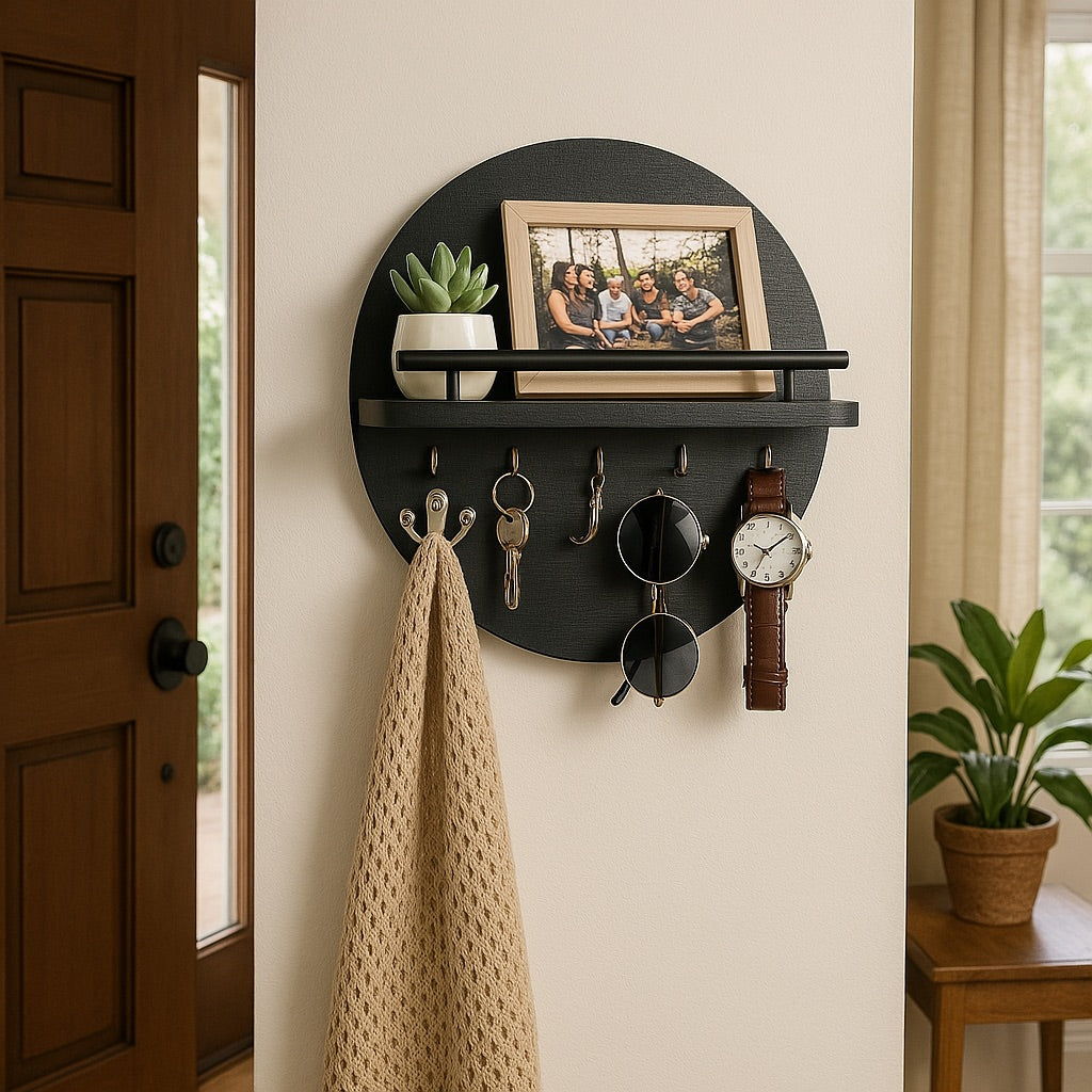 Round Wall Key Holder  Dark Wood Grain with Display Shelf - Detailed view