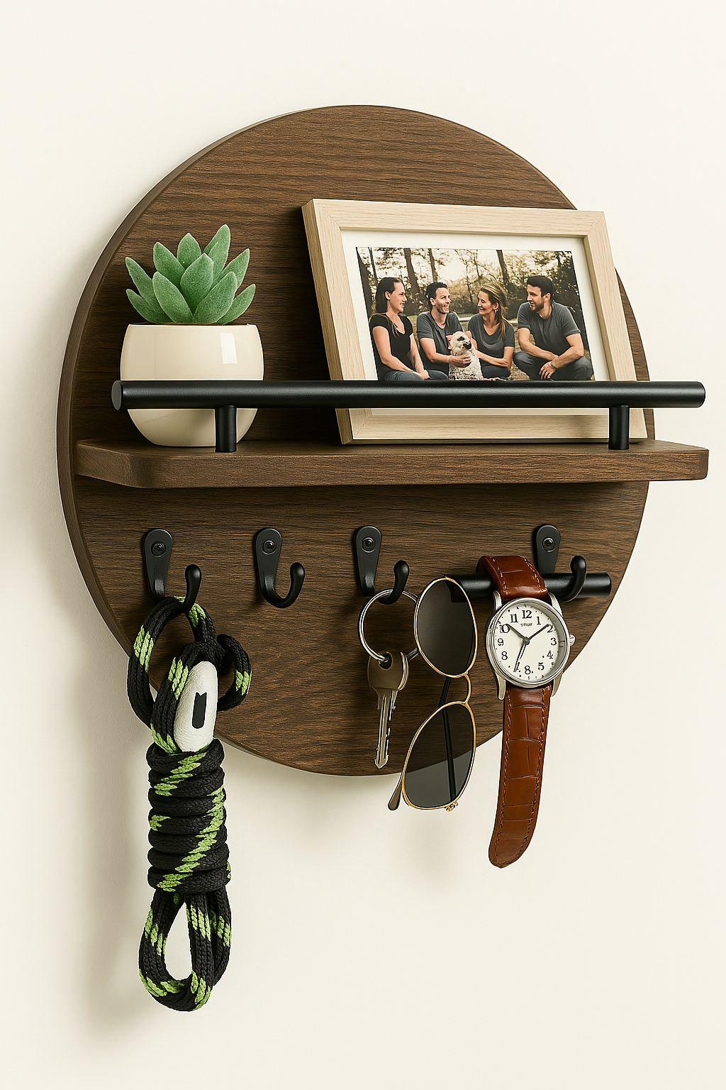 Round Wall Key Holder  Dark Wood Grain with Display Shelf - Product detail 7
