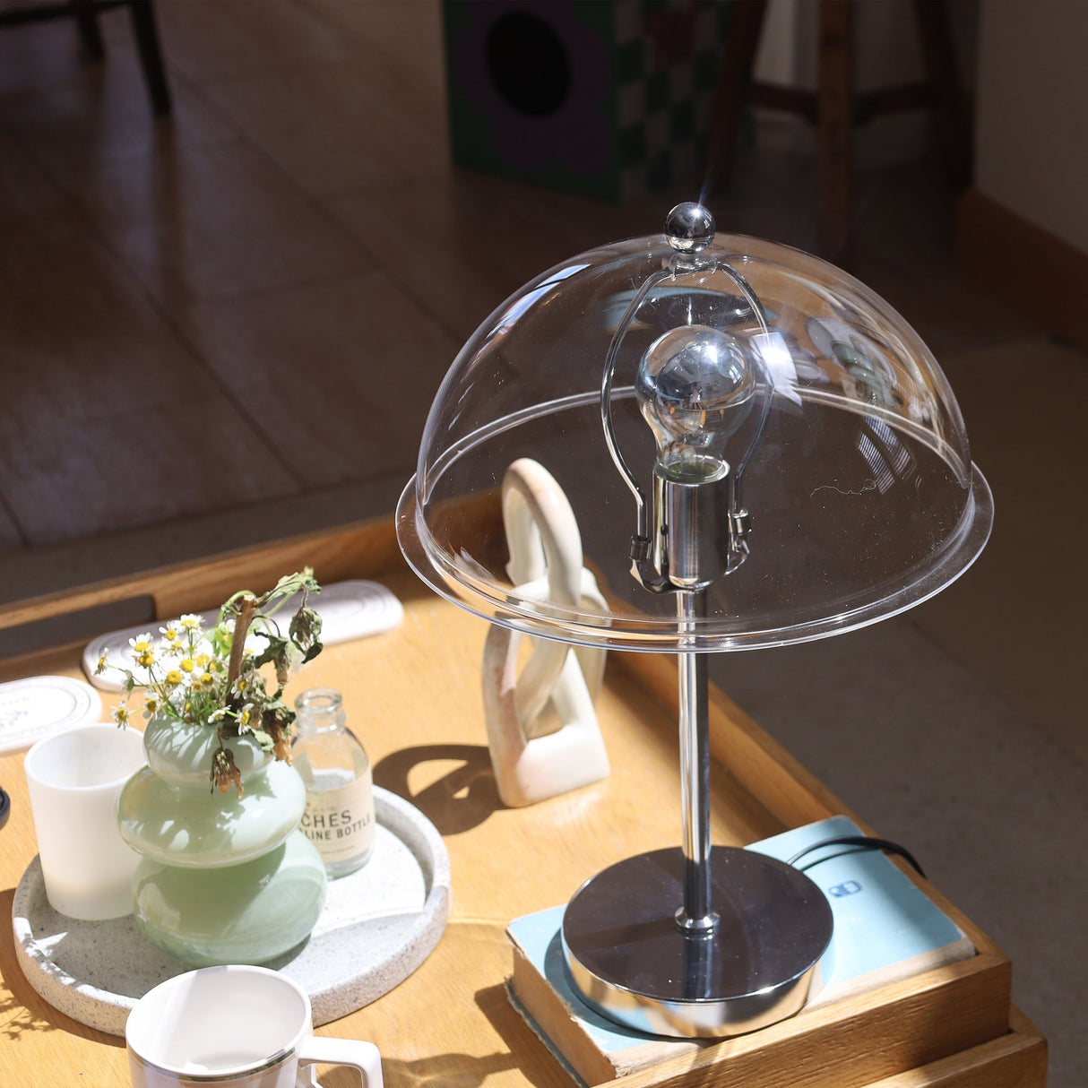 Modern Table Lamp  Aqua Dome Shade With Chrome Base - Detailed view