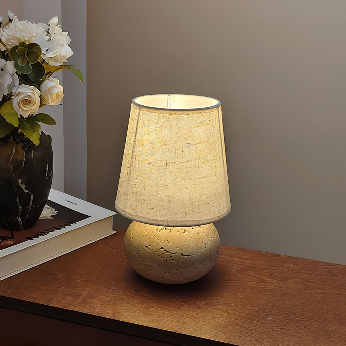 Travertine Table Lamp  Natural Stone Base With Linen Shade - Product detail 5