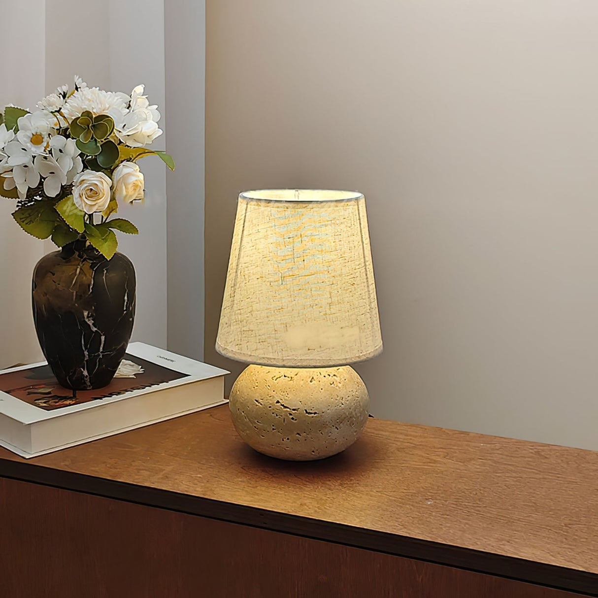 Travertine Table Lamp  Natural Stone Base With Linen Shade - Product detail 6