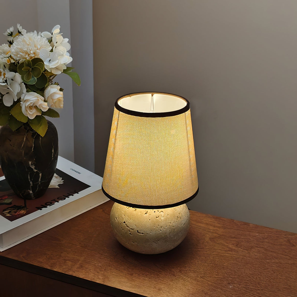 Travertine Table Lamp  Natural Stone Base With Linen Shade - Product example