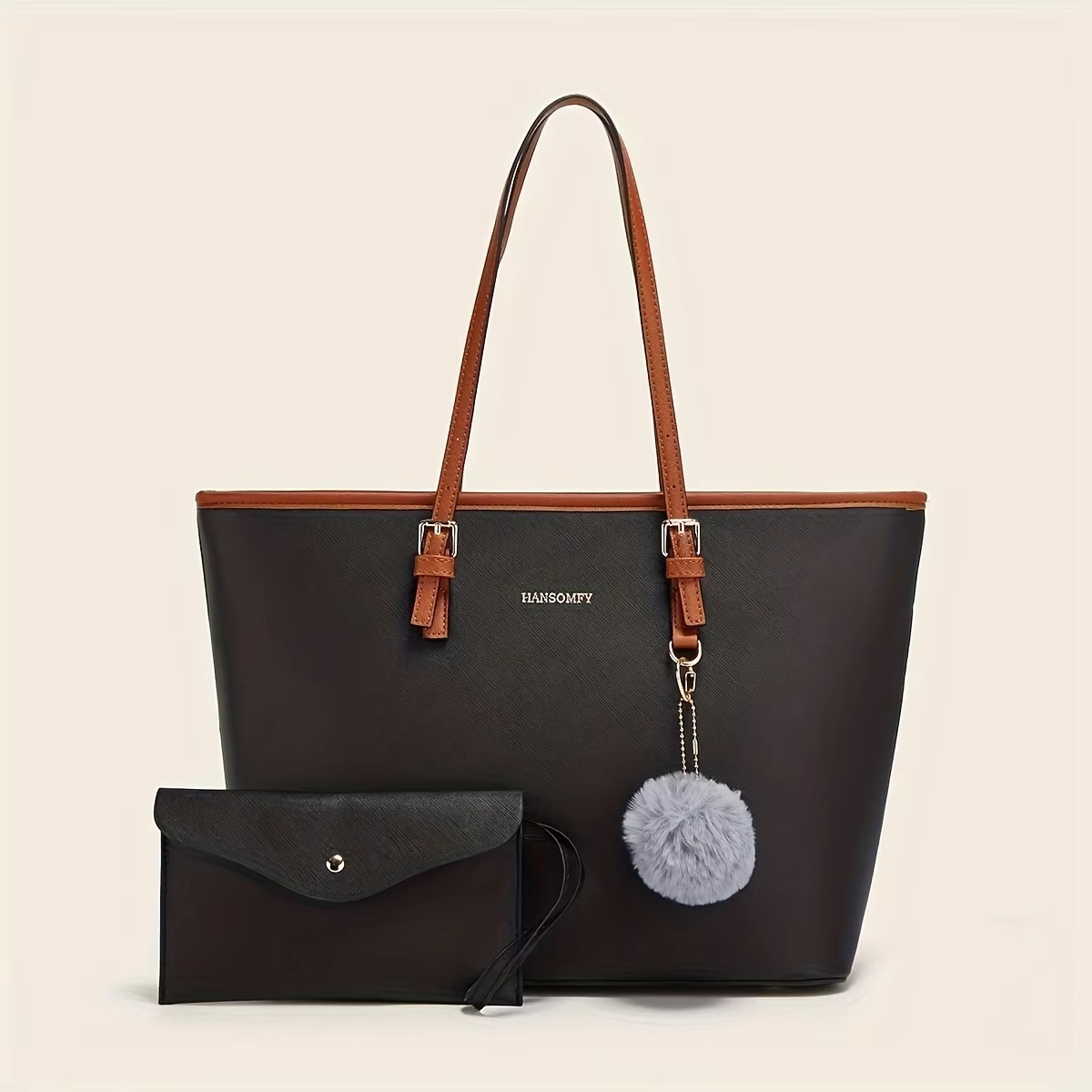 Designer Tote Bag  Brown Leather With Pom Charm - Detailed view