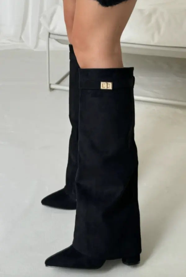 Suede Knee High Boots  Classic Beige With Gold Buckle Detail - Product detail 8