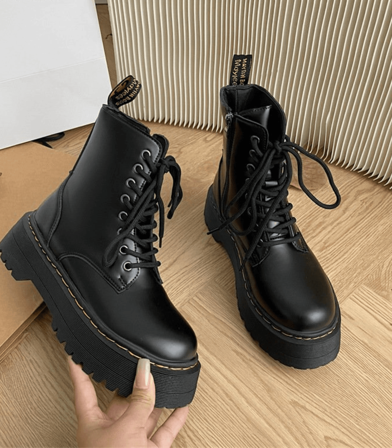 Platform Combat Boots  Black Leather Lace-Up Design - Product showcase