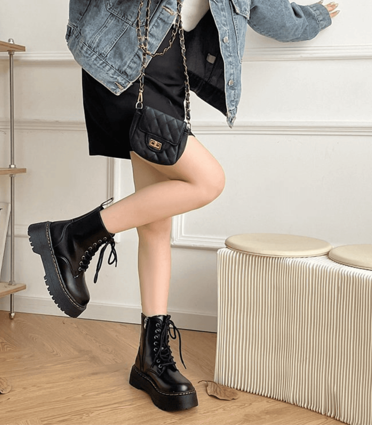 Platform Combat Boots  Black Leather Lace-Up Design - Detailed view