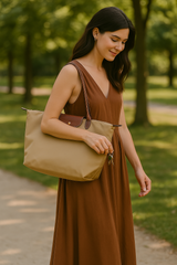 Classic Nylon Tote Bag  Brown Leather Trim With Gold Hardware - Detailed view