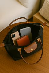 Classic Nylon Tote Bag  Brown Leather Trim With Gold Hardware - Product example