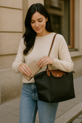 Classic Nylon Tote Bag  Brown Leather Trim With Gold Hardware - Product detail 5