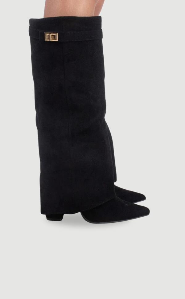 Classic Suede Knee High Boots  Black with Gold Hardware - Detailed view