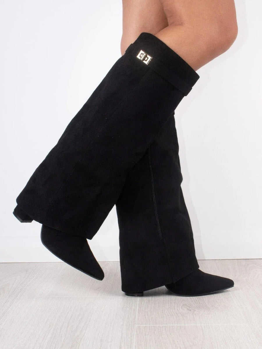Classic Suede Knee High Boots  Black with Gold Hardware - Product detail 4