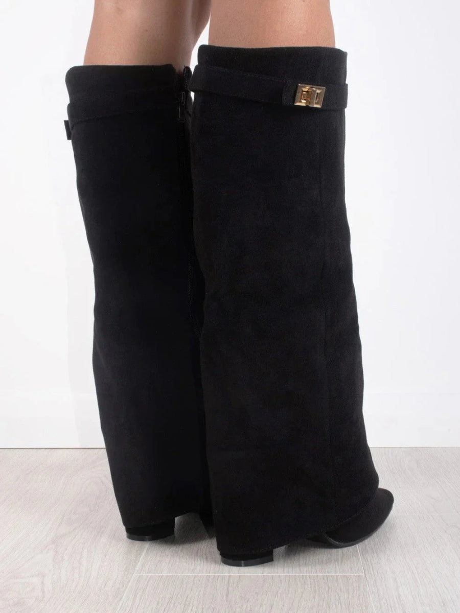 Classic Suede Knee High Boots  Black with Gold Hardware - Product detail 6