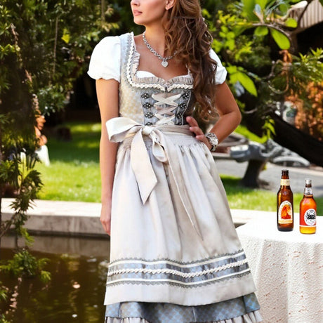 Traditional Dirndl Dress  Grey Floral Pattern with White Apron - Product showcase
