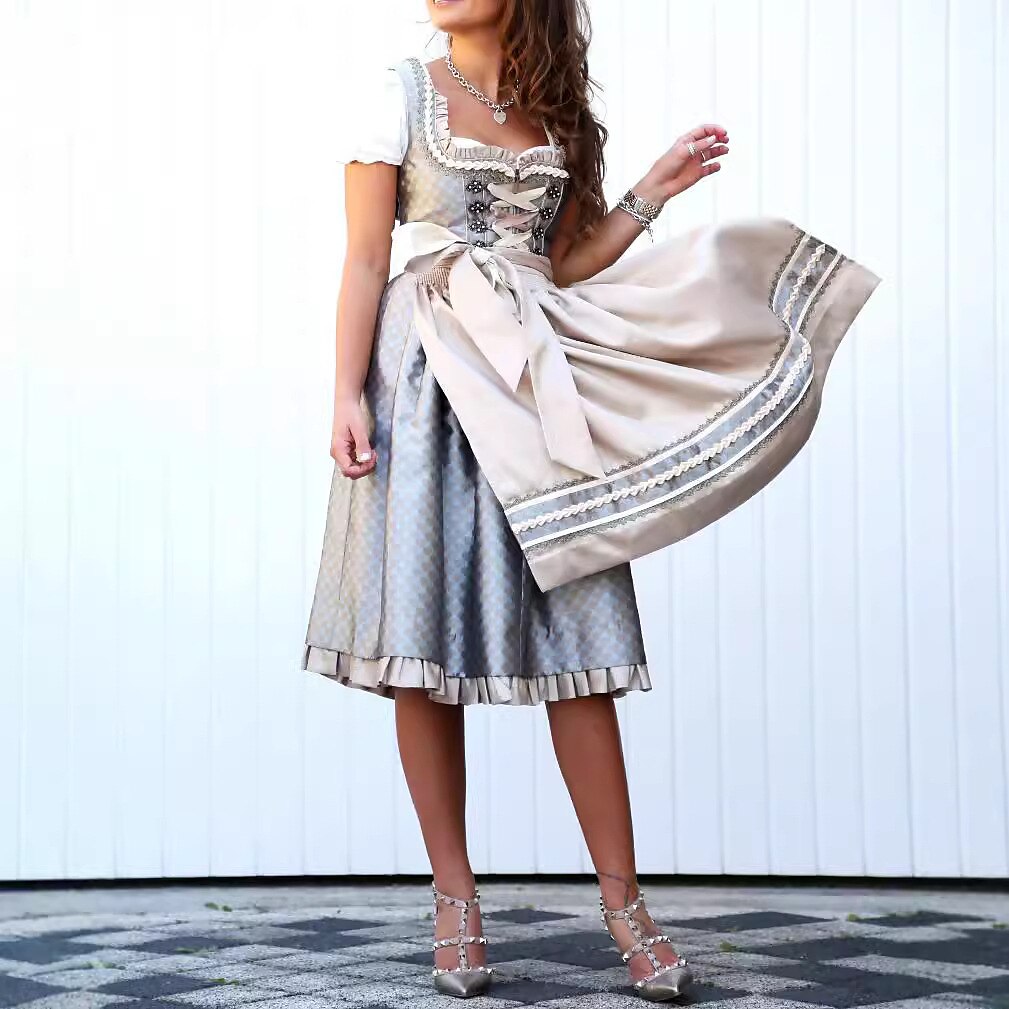 Traditional Dirndl Dress  Grey Floral Pattern with White Apron - Detailed view