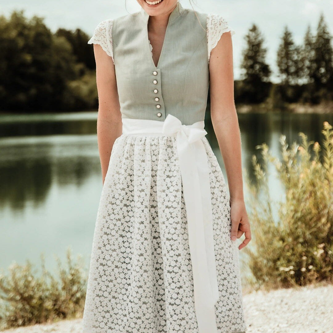 Traditional Dirndl Dress  Sage Green with Lace Apron - Product showcase