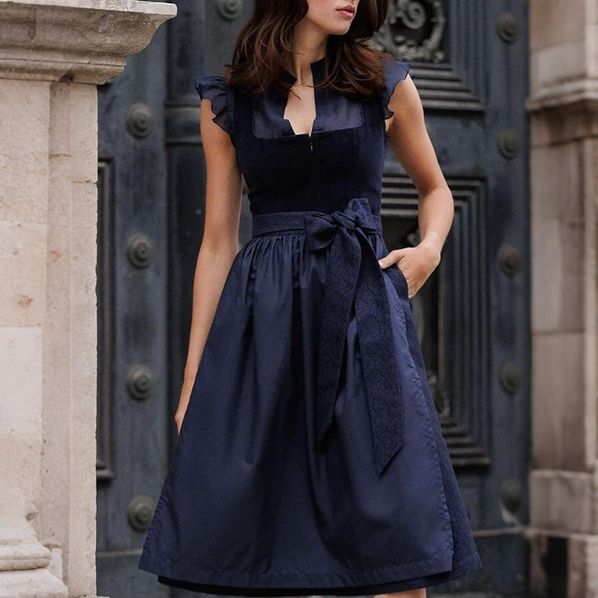 Traditional Dirndl Dress  Navy Blue Cotton Blend with Ruffle Sleeves - Product showcase