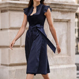 Traditional Dirndl Dress  Navy Blue Cotton Blend with Ruffle Sleeves - Product detail 4