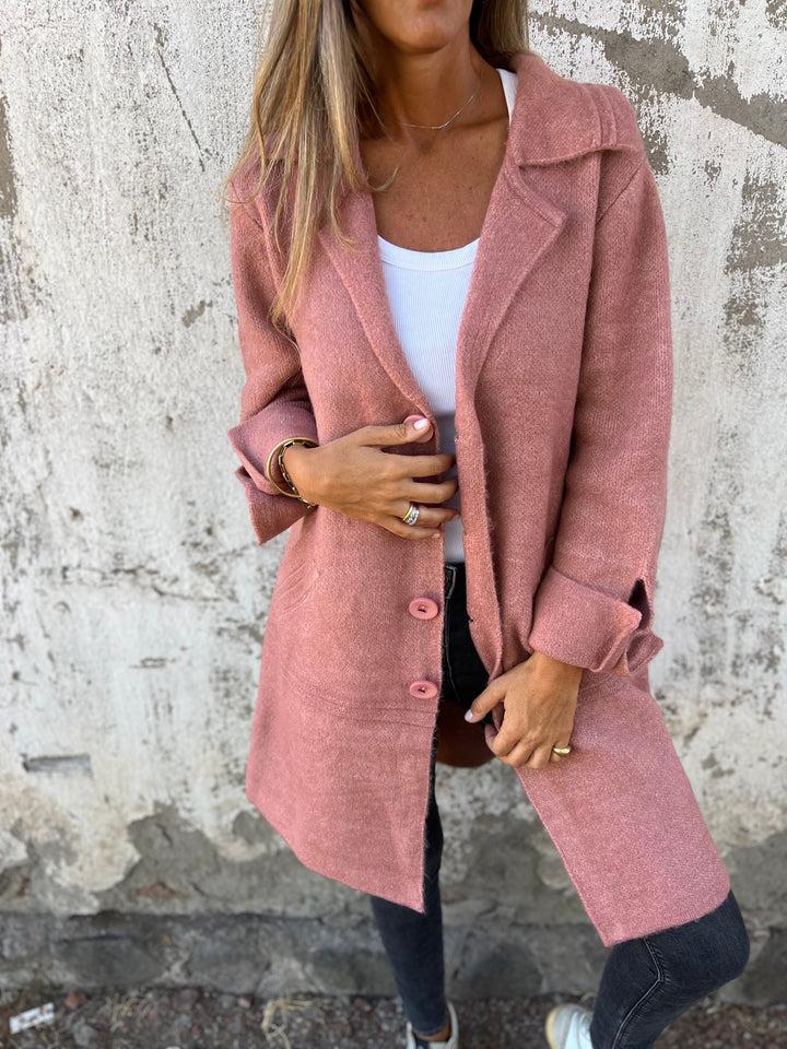 Wool Blend Long Coat  Rose Pink Lapel Design - Detailed view