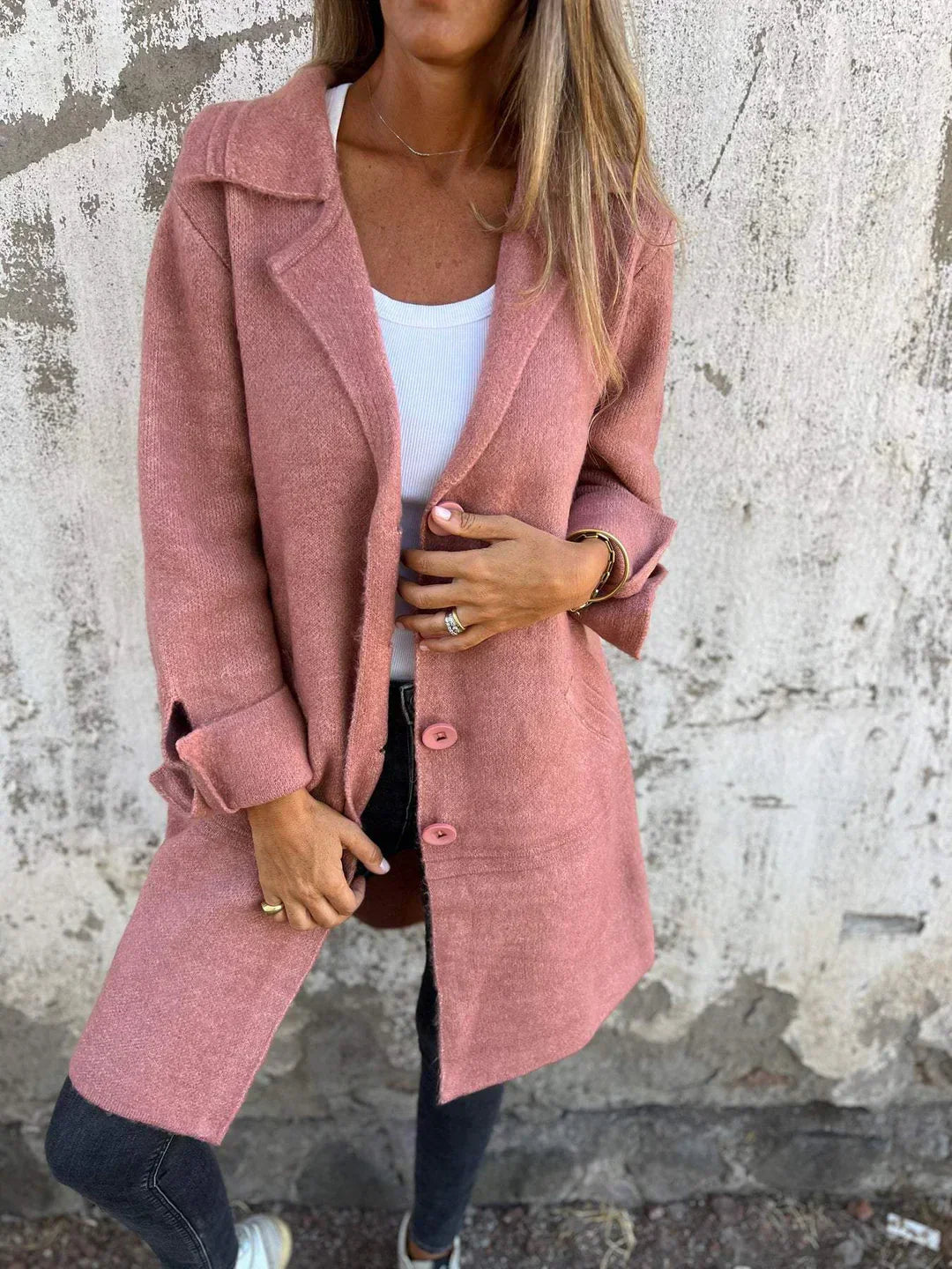 Wool Blend Long Coat  Rose Pink Lapel Design - Product example