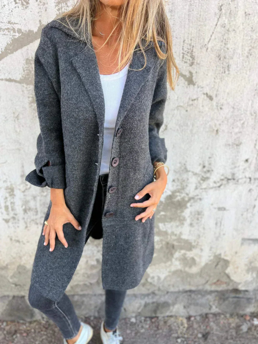 Wool Blend Long Coat  Rose Pink Lapel Design - Product detail 5