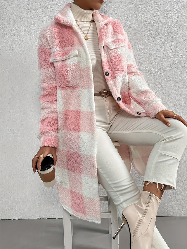 Plaid Teddy Fleece Coat  Pink White Checkered Pattern - Product showcase