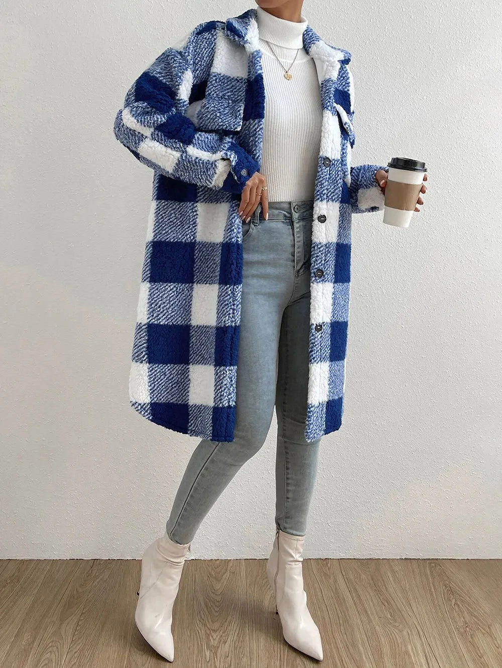 Plaid Teddy Fleece Coat  Pink White Checkered Pattern - Product example