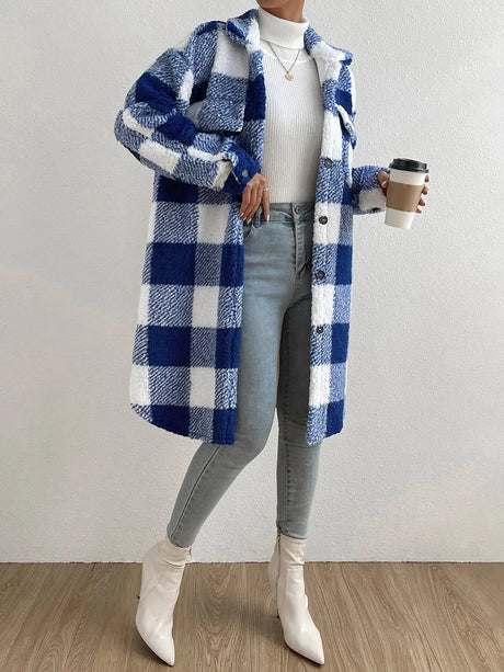 Plaid Teddy Fleece Coat  Pink White Checkered Pattern - Product example