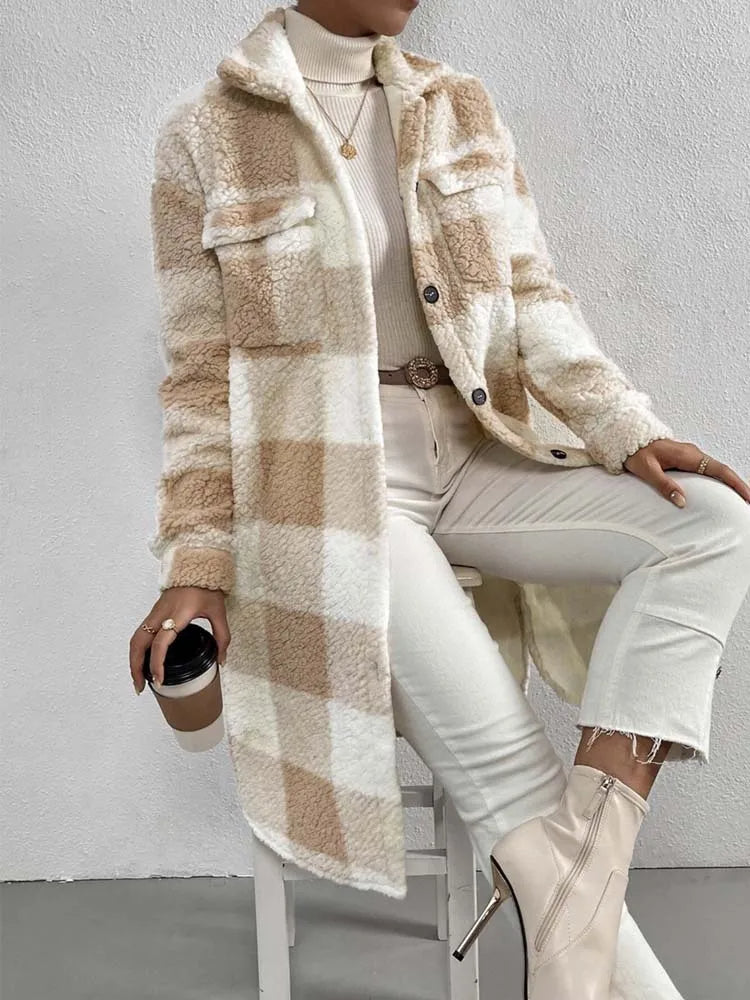 Plaid Teddy Fleece Coat  Pink White Checkered Pattern - Product detail 4