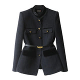 Military Style Wool Blazer  Gold Button Belt Detail - Detailed view