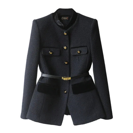 Military Style Wool Blazer  Gold Button Belt Detail - Detailed view