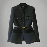 Military Style Wool Blazer  Gold Button Belt Detail - Product example