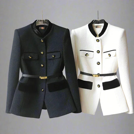 Military Style Wool Blazer  Gold Button Belt Detail - Product showcase