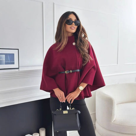 Burgundy Cape Coat  High Neck Belted Design - Product showcase