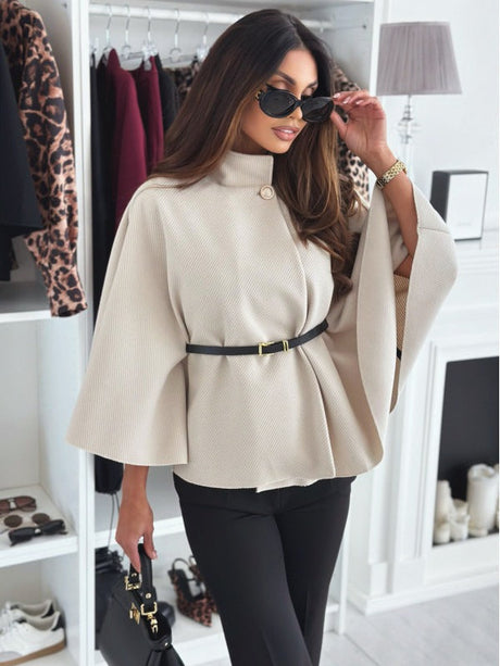 Burgundy Cape Coat  High Neck Belted Design - Product detail 4