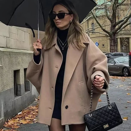 Oversized Winter Coat  Camel Wool Blend Button Front - Product showcase