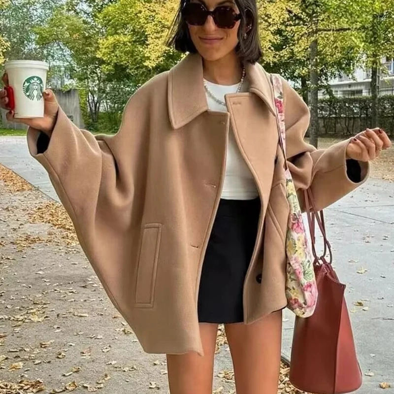Oversized Winter Coat  Camel Wool Blend Button Front - Detailed view