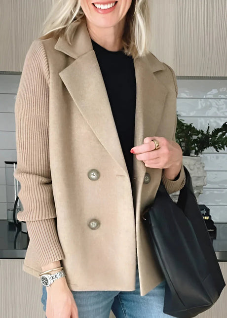 Double Breasted Winter Coat  Pink Wool Blend Ribbed Sleeves - Detailed view