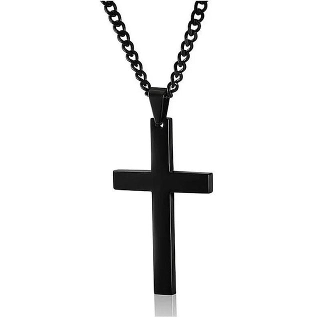 Mens Cross Necklace  Black Stainless Steel Pendant with Iron Chain - Product showcase
