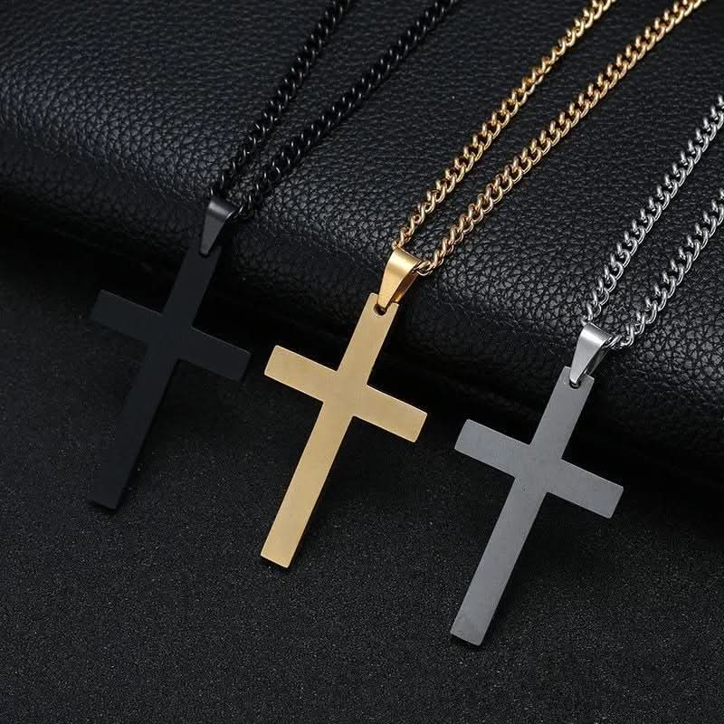 Mens Cross Necklace  Black Stainless Steel Pendant with Iron Chain - Detailed view