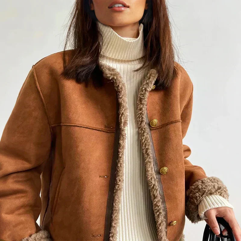 Classic Shearling Jacket  Camel Suede Button Front - Detailed view