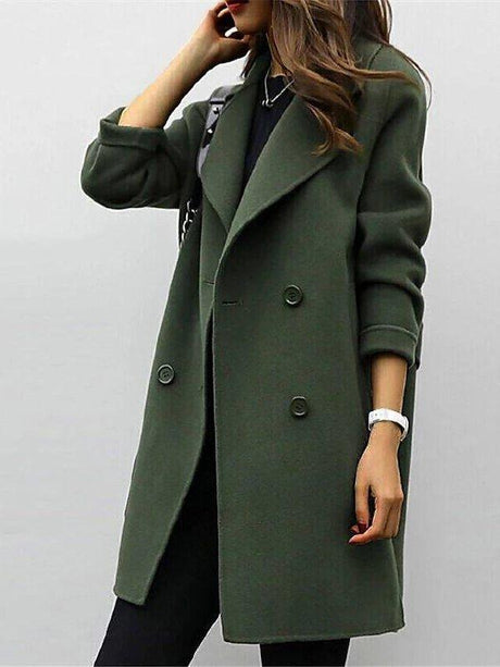 Classic Wool Trench Coat  Double-Breasted Military Green Design - Detailed view