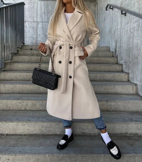 Classic Wool Winter Coat  Double-Breasted Belted Design - Product showcase