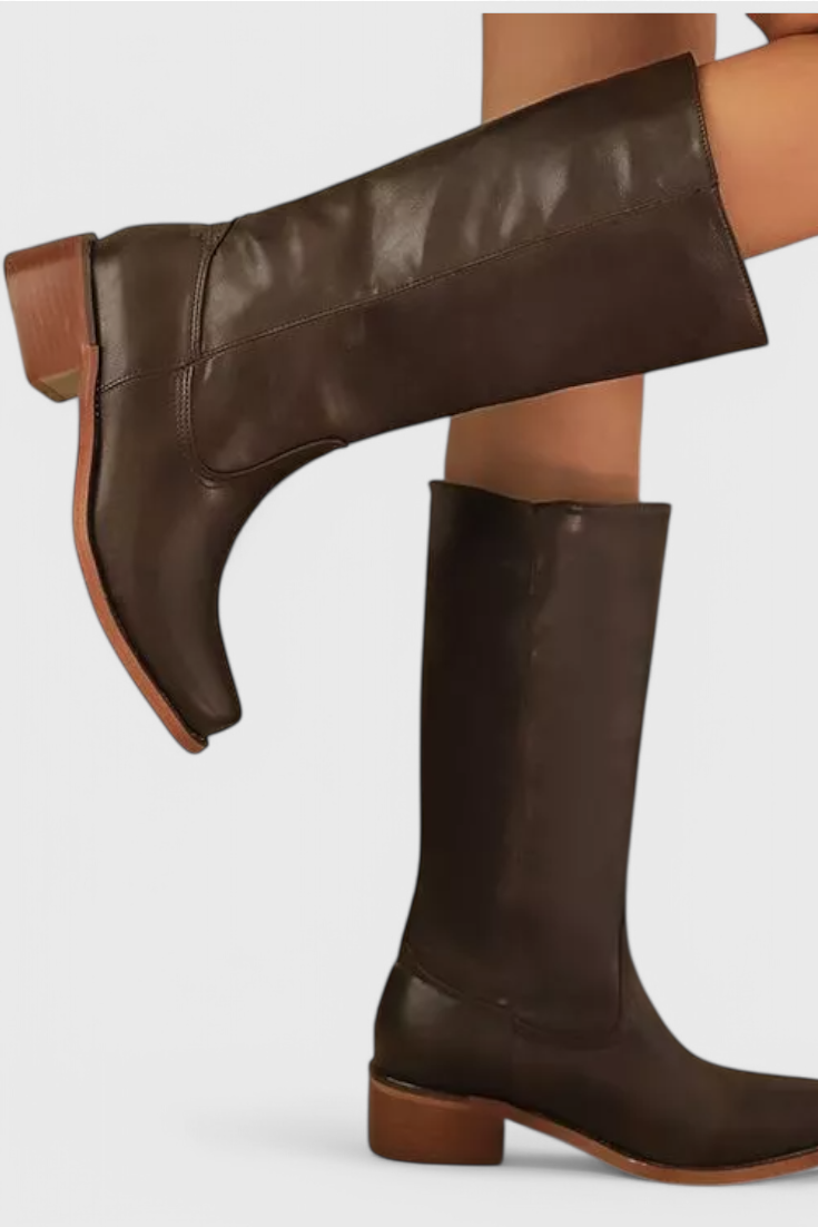 Classic Knee High Boots  Brown Leather With Stacked Heel - Product showcase