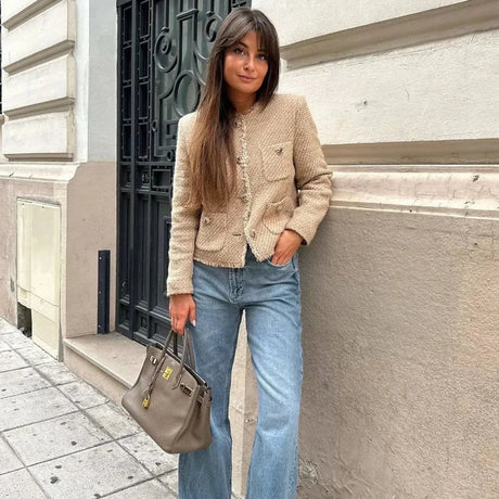 Tweed Cropped Jacket  Textured Beige Womens Blazer - Product showcase