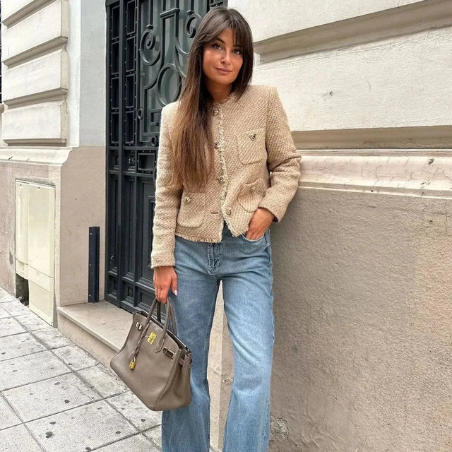Tweed Cropped Jacket  Textured Beige Womens Blazer - Product showcase