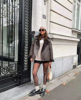 Leather Winter Jacket  Wide Collar Plush Lined Design - Product showcase