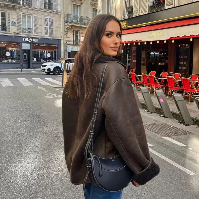 Leather Winter Jacket  Wide Collar Plush Lined Design - Detailed view