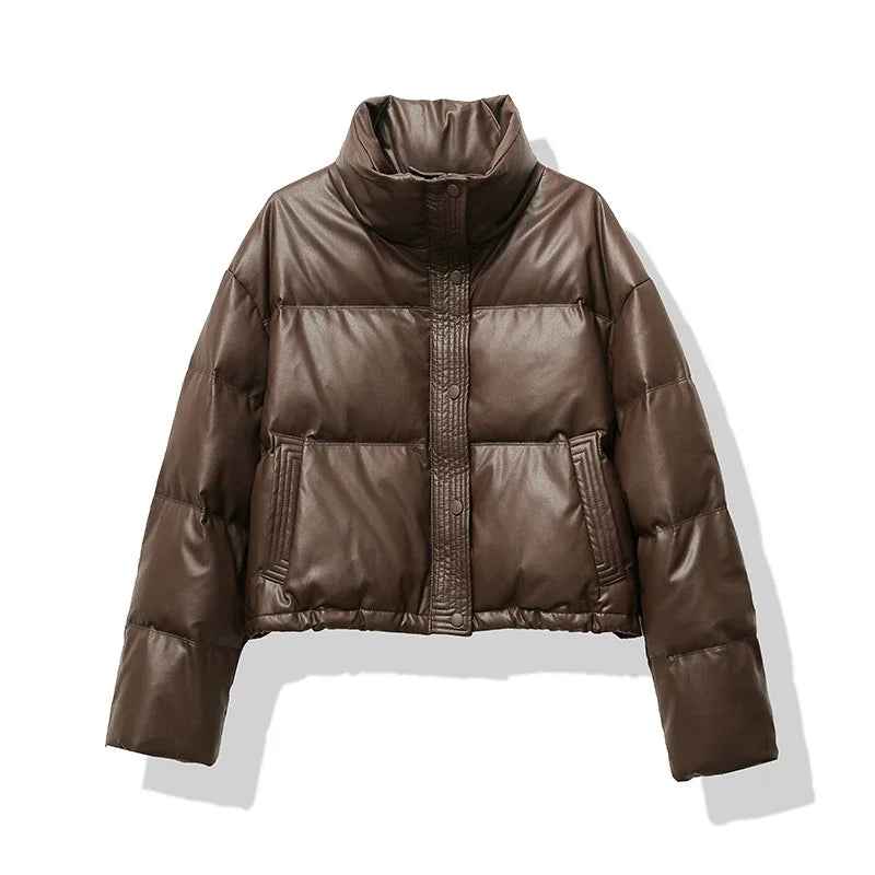 Winter Puffer Jacket  Brown Leather-Look Quilted Design - Product showcase