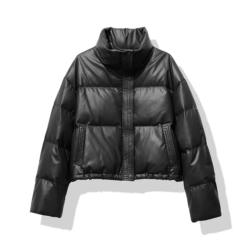 Winter Puffer Jacket  Brown Leather-Look Quilted Design - Detailed view